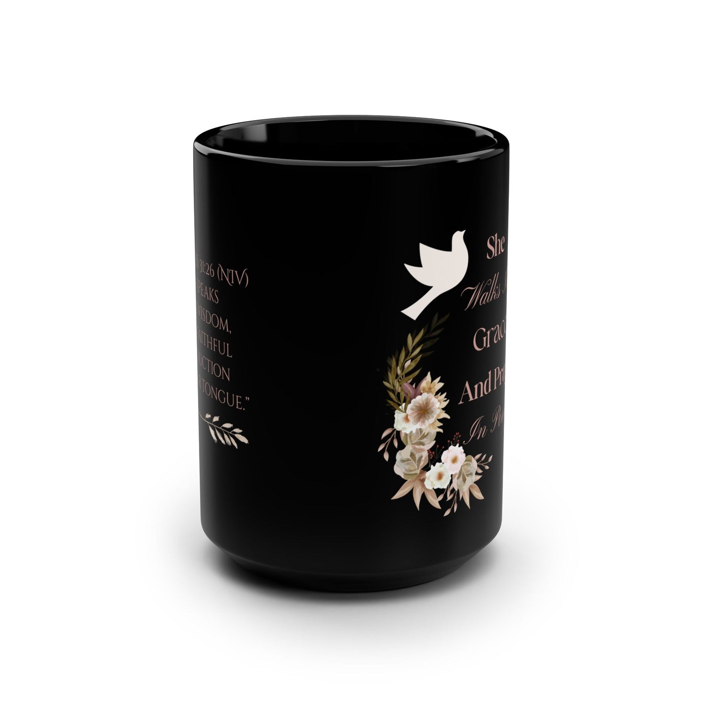 Inspirational Floral Black Mug – 15oz "She Walks In Grace And Prays In Power" – Faith-Based Coffee Mug for Women