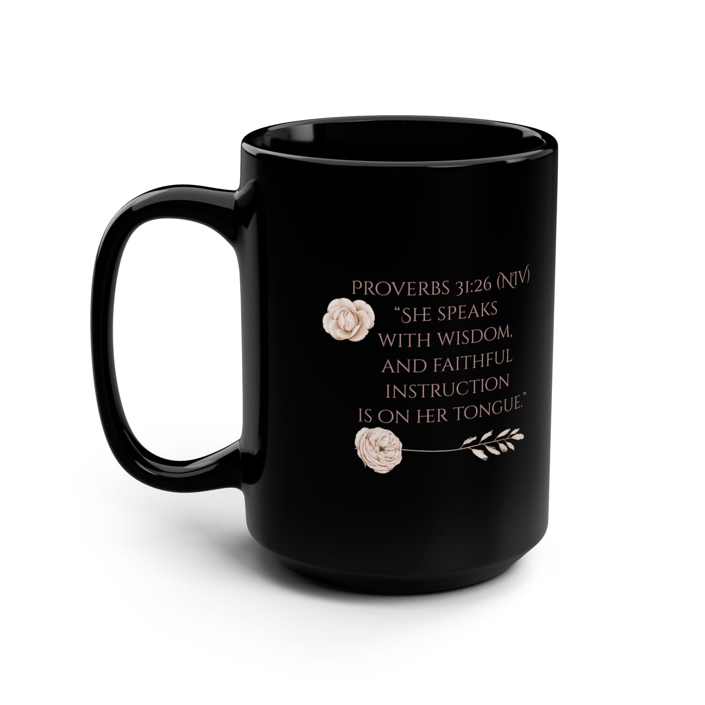 Inspirational Floral Black Mug – 15oz "She Walks In Grace And Prays In Power" – Faith-Based Coffee Mug for Women
