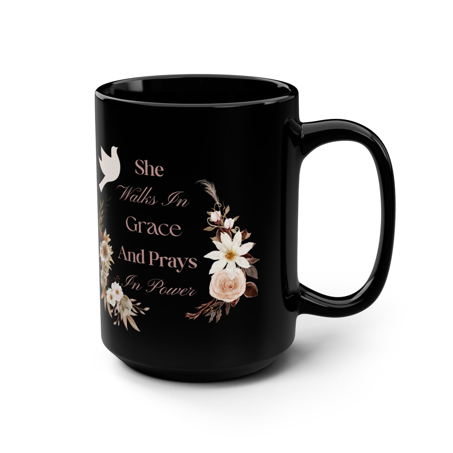 Inspirational Floral Black Mug – 15oz "She Walks In Grace And Prays In Power" – Faith-Based Coffee Mug for Women