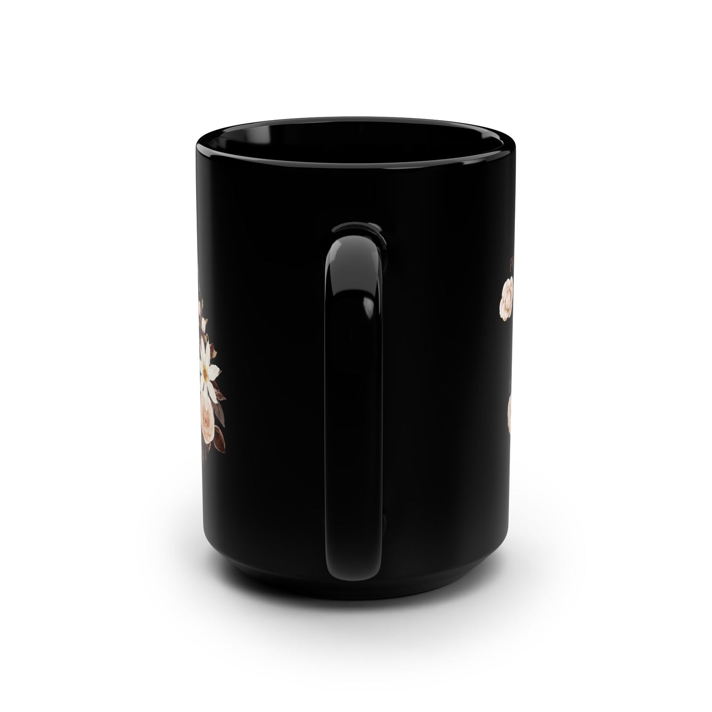 Inspirational Floral Black Mug – 15oz "She Walks In Grace And Prays In Power" – Faith-Based Coffee Mug for Women