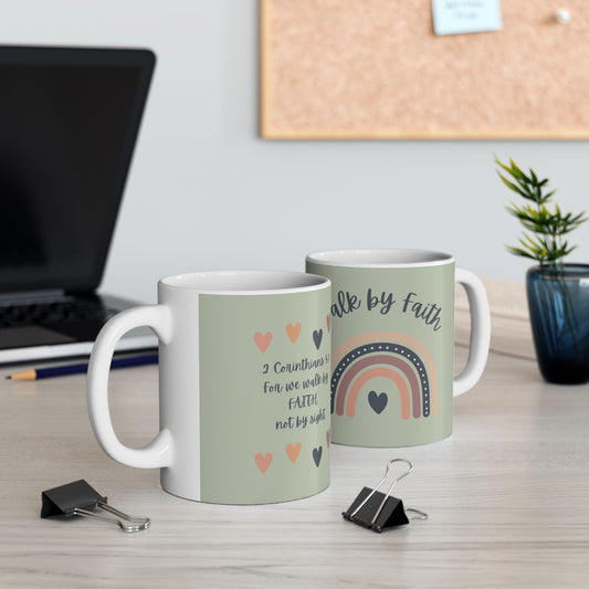 Inspirational Ceramic Mug - 'Walk by Faith' Rainbow Design - 11oz & 15oz